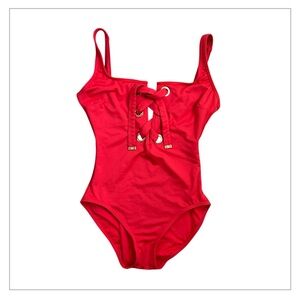 MICHAEL KORS Women’s 1-Piece Lace-Up Swimsuit Coral Gold Grommet Full Coverage 6